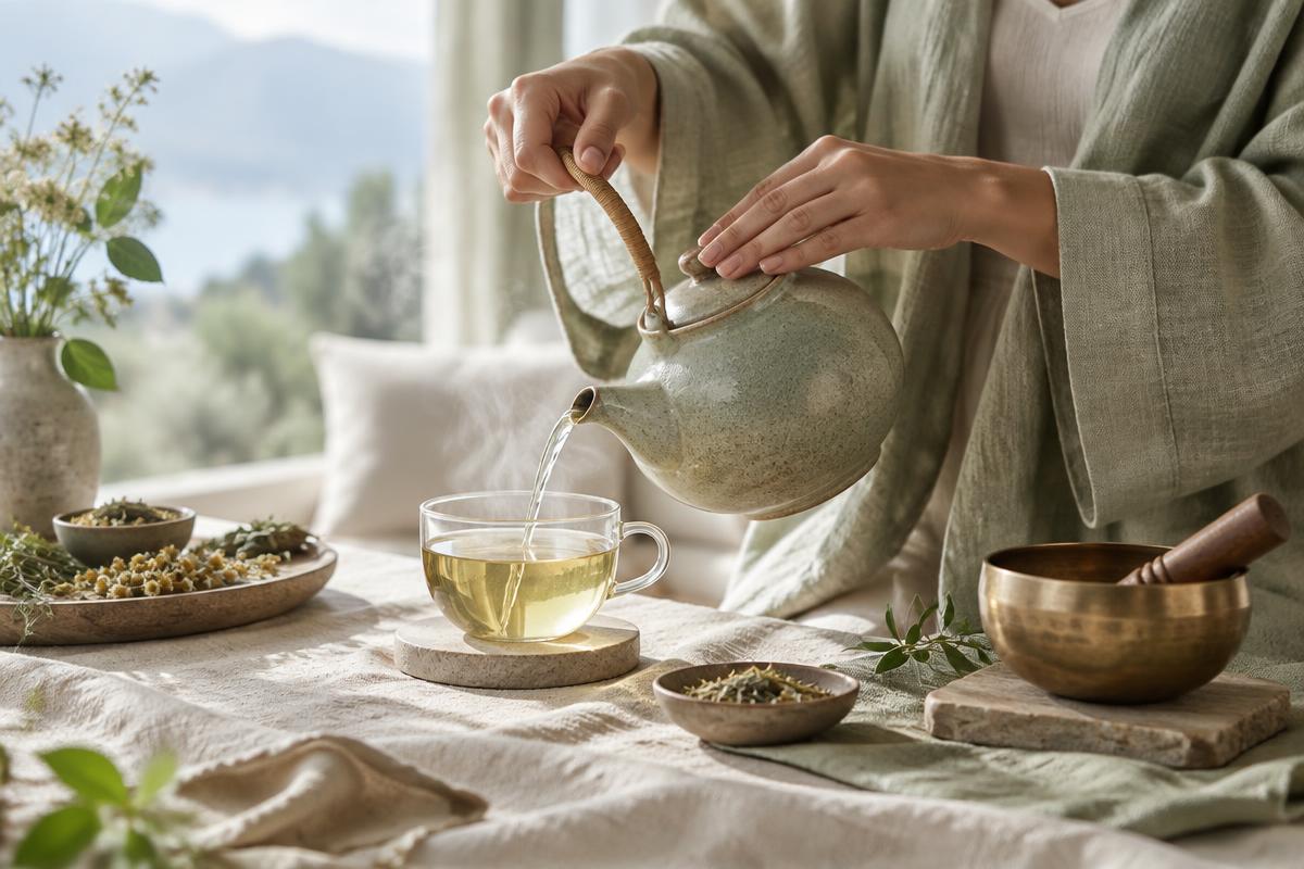 Herbal tea being poured beside botanicals and a sound bowl